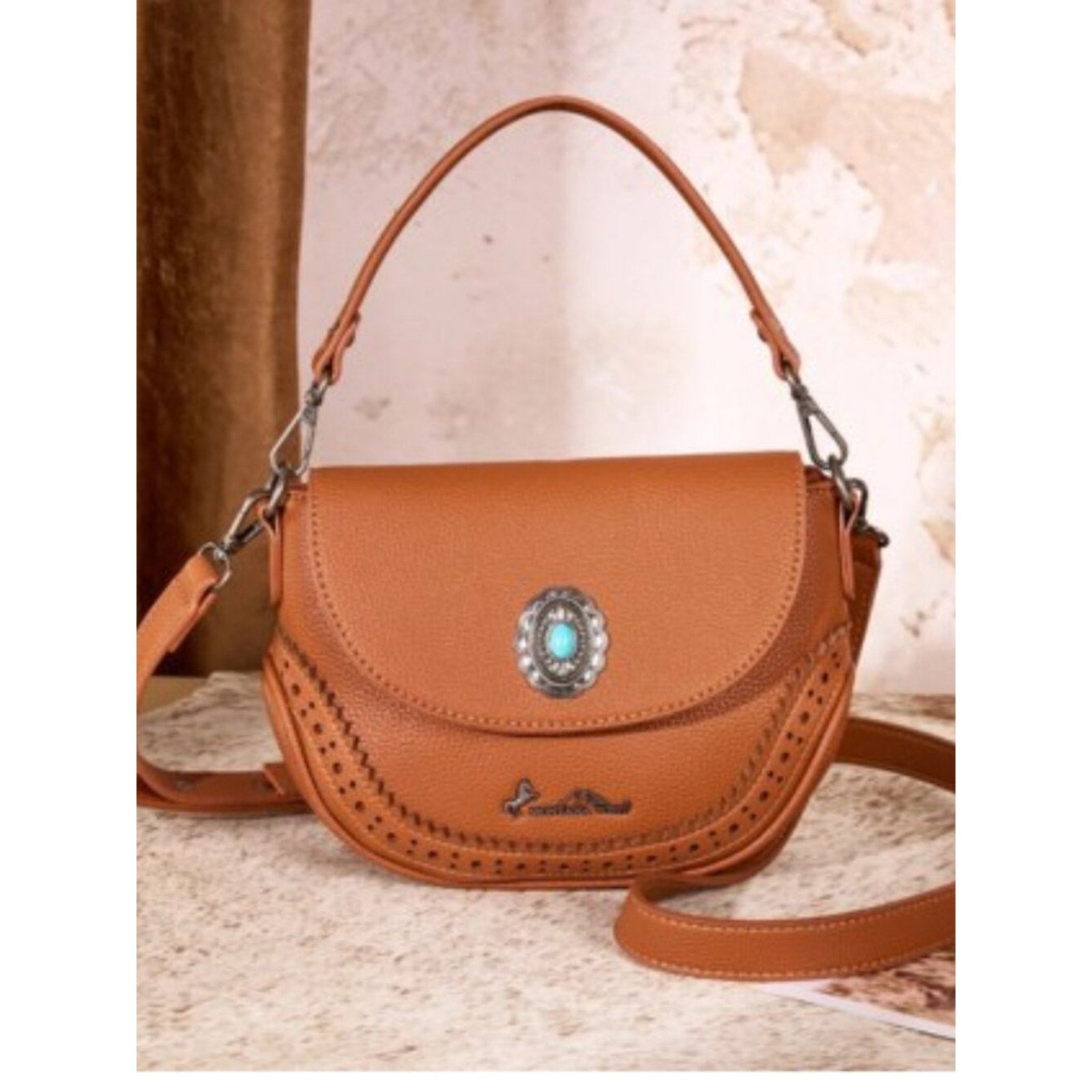 Montana West Western Saddle Crossbody Purse Turquoise Concho Brown NWT