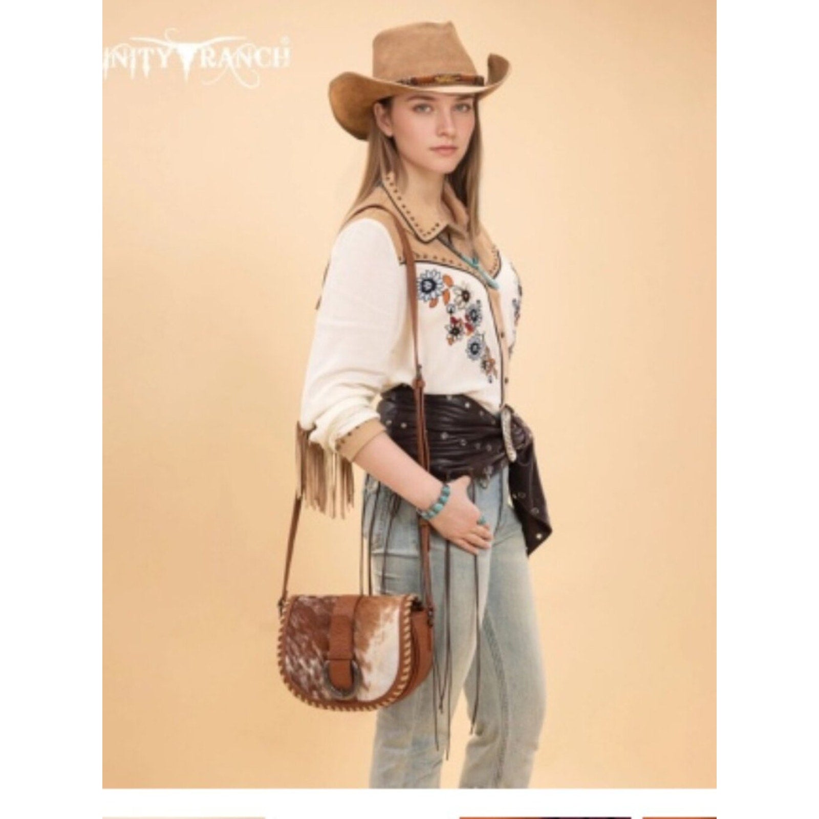 Trinity Ranch Western Hair on Hide Cowhide Saddle Crossbody Purse Brown NWT