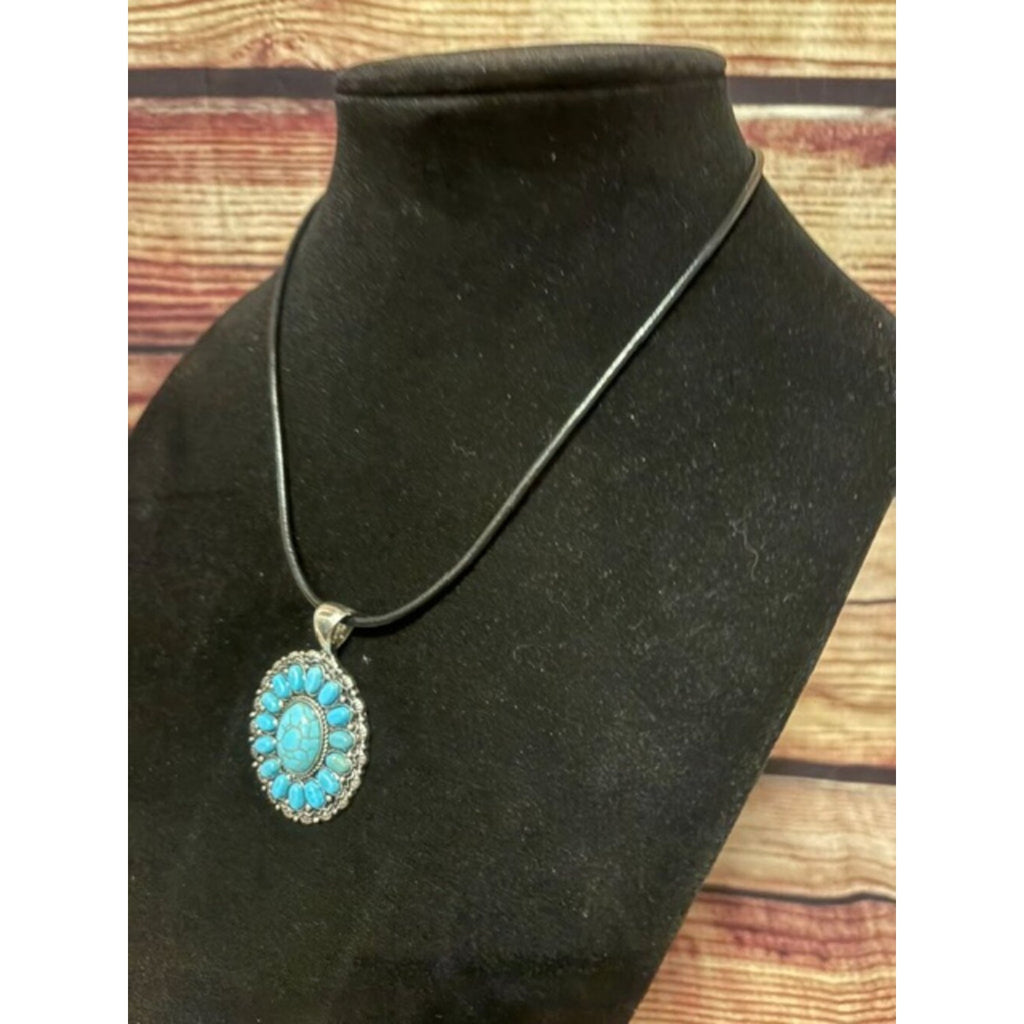 Western Turquoise Sunburst Pendant Adjustable Cord Necklace NWT