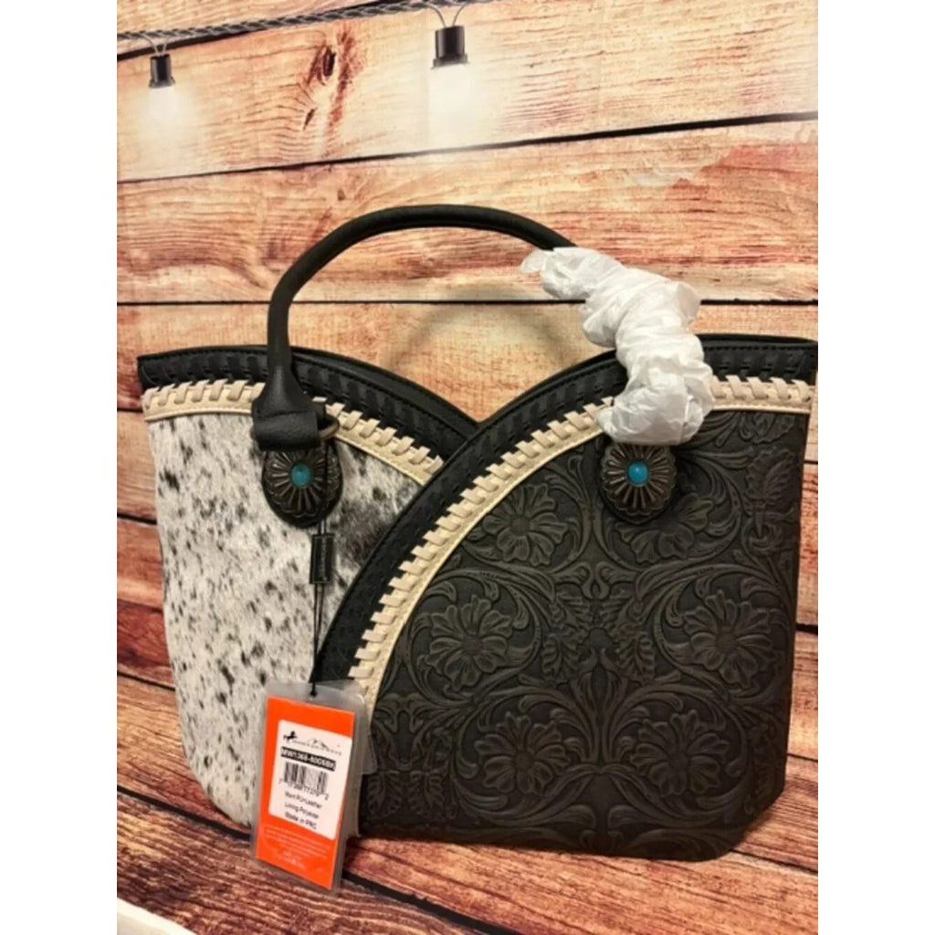 Montana West Tooled & Cowhide Whipstitch Tote Bag-Black NWT