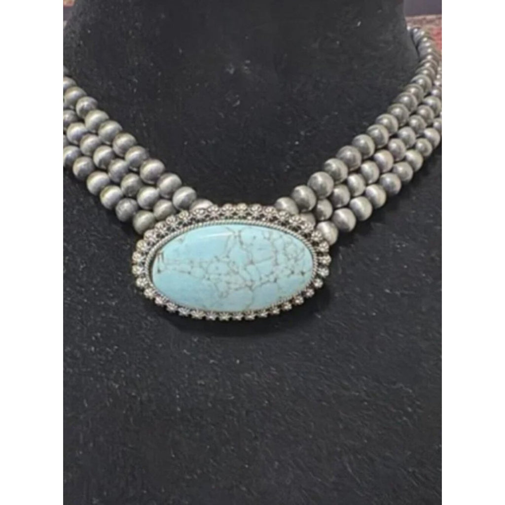Lunar Deer Turquoise Stone Navajo Pearl Style Choker Necklace, NWT