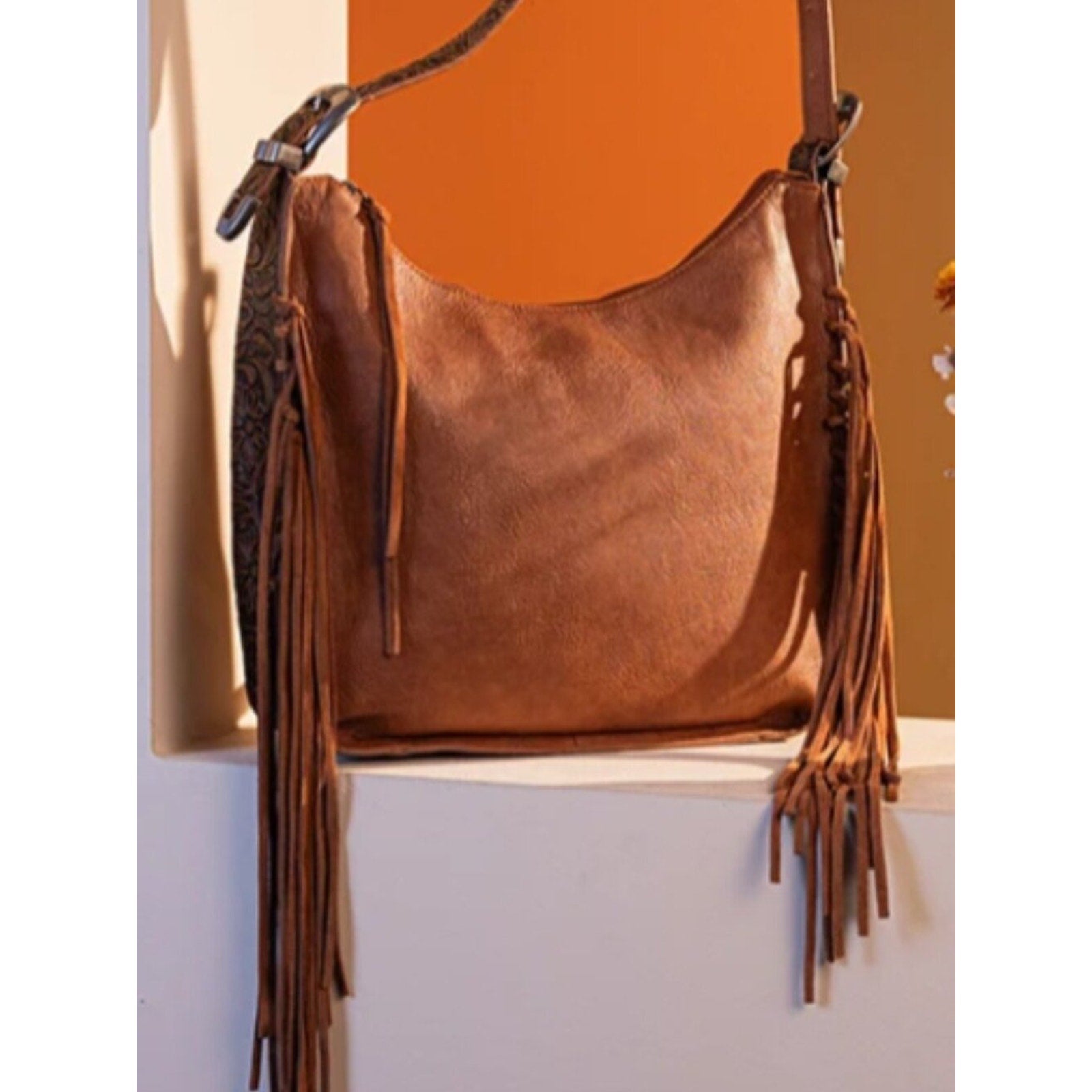 Montana West Floral Tooled Fringe Hobo Concealed Carry Bag, Brown NWT