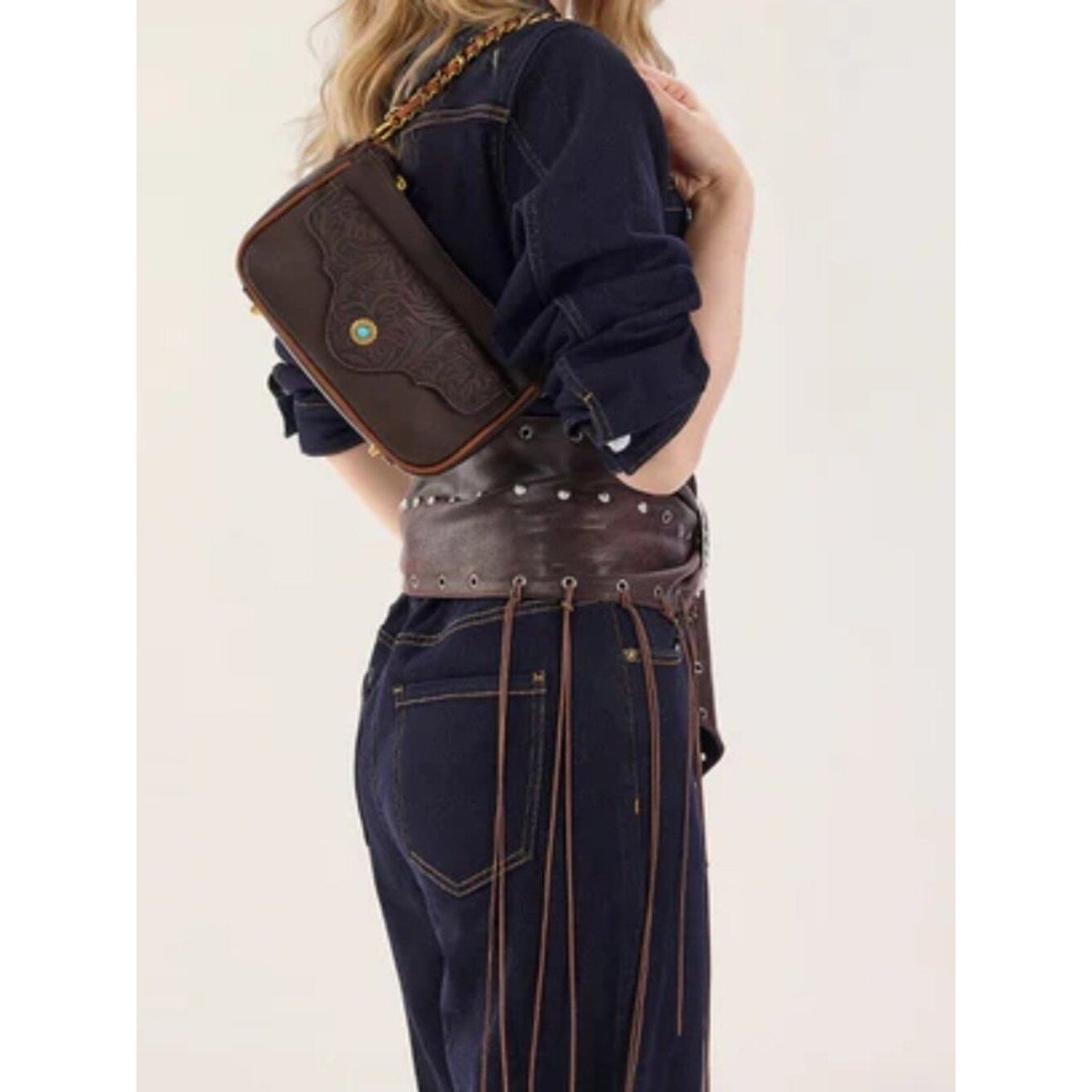 Montana West Tooled Floral Chain Strap Crossbody Shoulder Bag Coffee NWT
