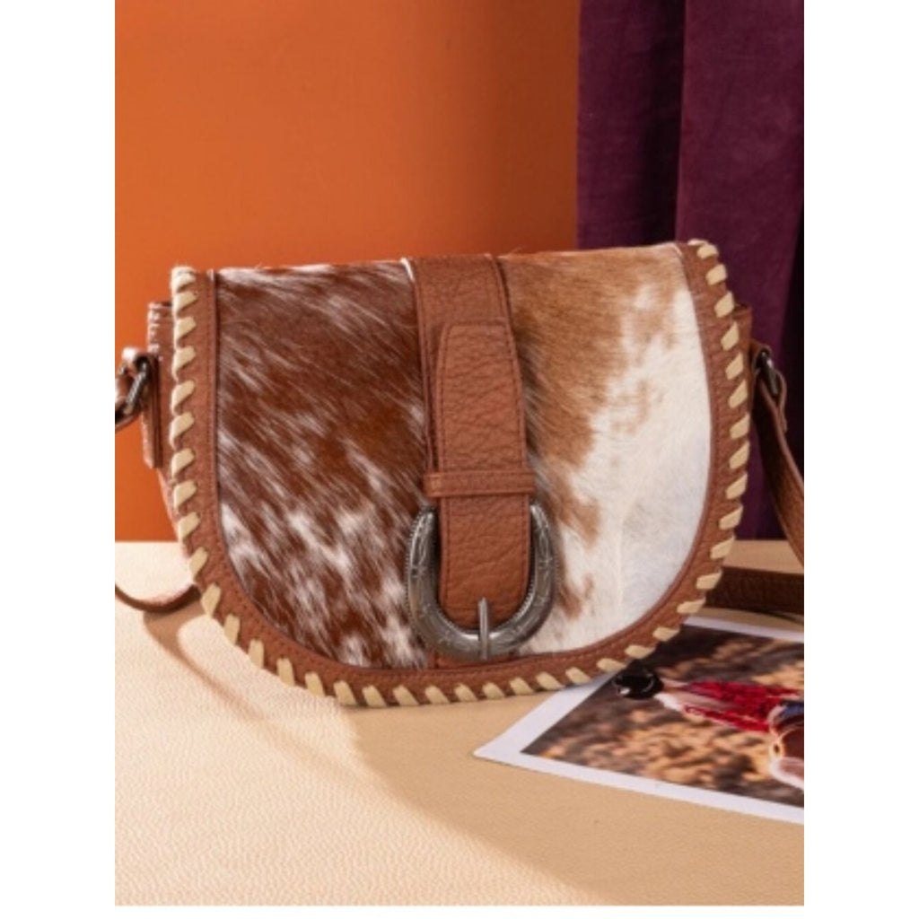 Trinity Ranch Western Hair on Hide Cowhide Saddle Crossbody Purse Brown NWT