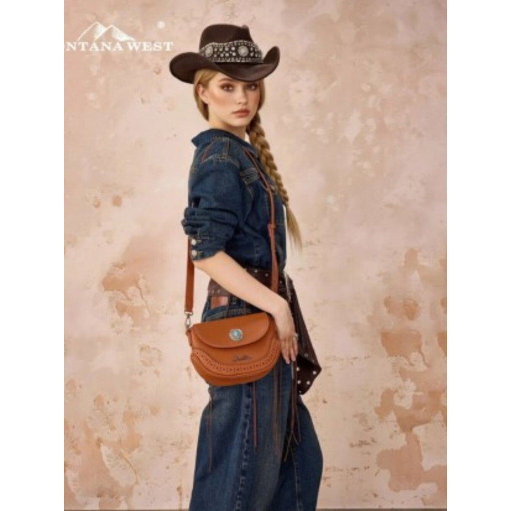 Montana West Western Saddle Crossbody Purse Turquoise Concho Brown NWT