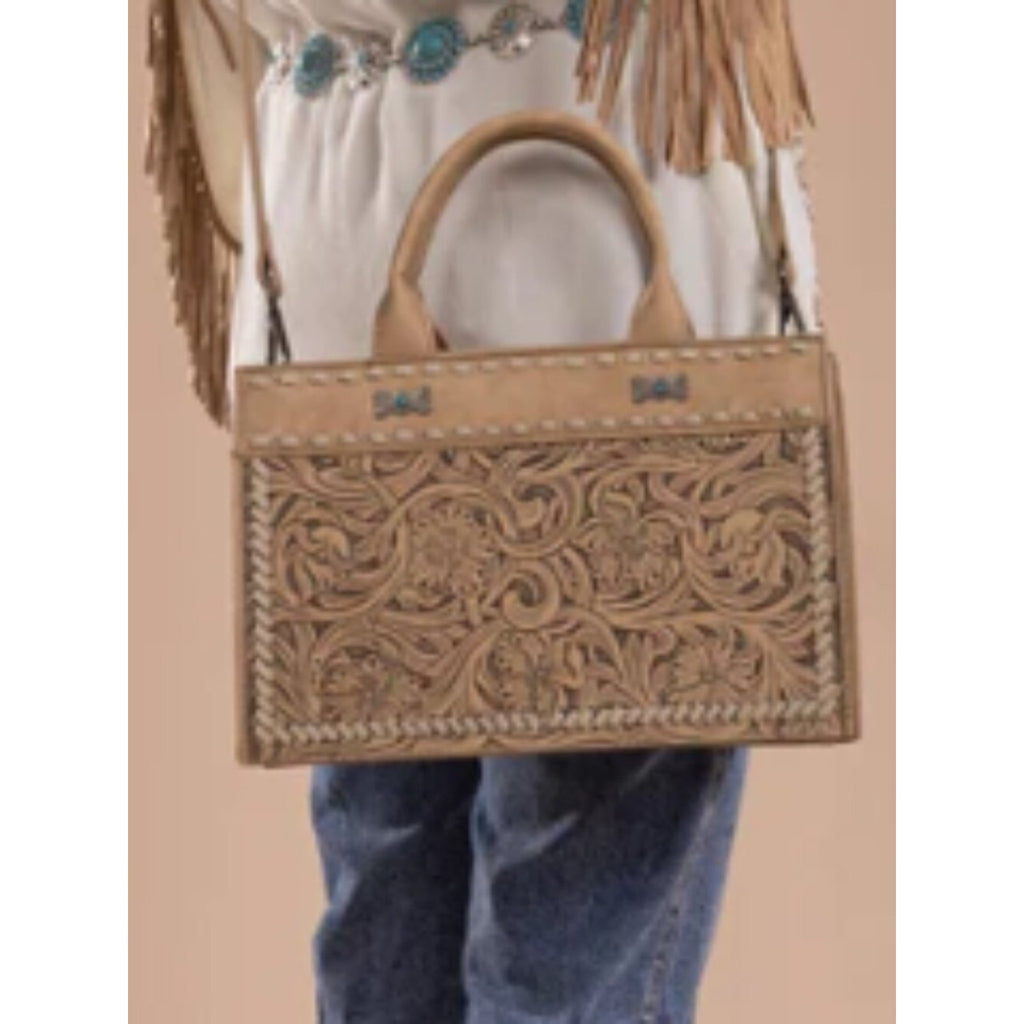 Montana West Floral Tooled Crossbody Tote Bag, Tan NWT