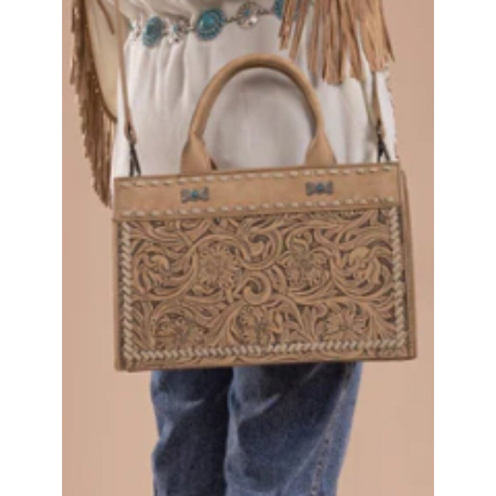 Montana West Floral Tooled Crossbody Tote Bag, Tan NWT
