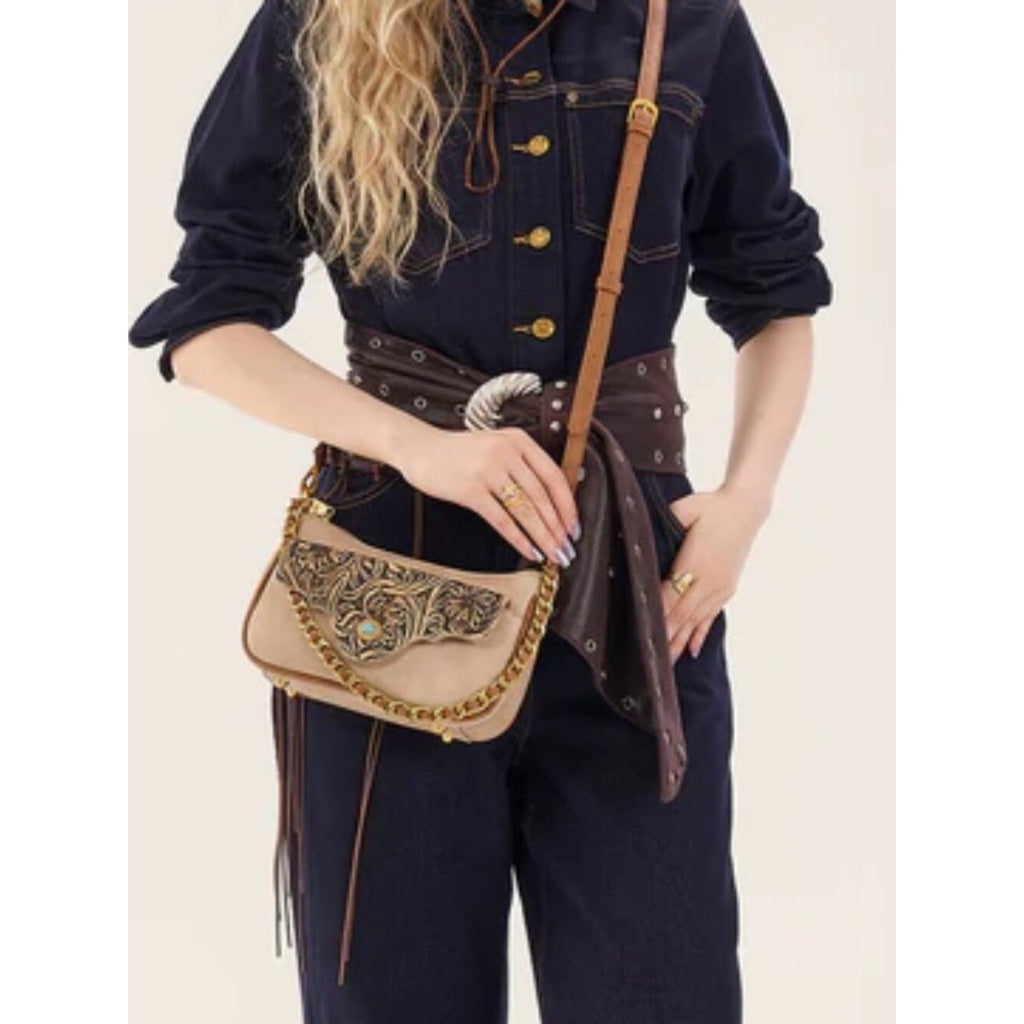 Montana West Tooled Floral Chain Strap Crossbody Shoulder Tan NWT