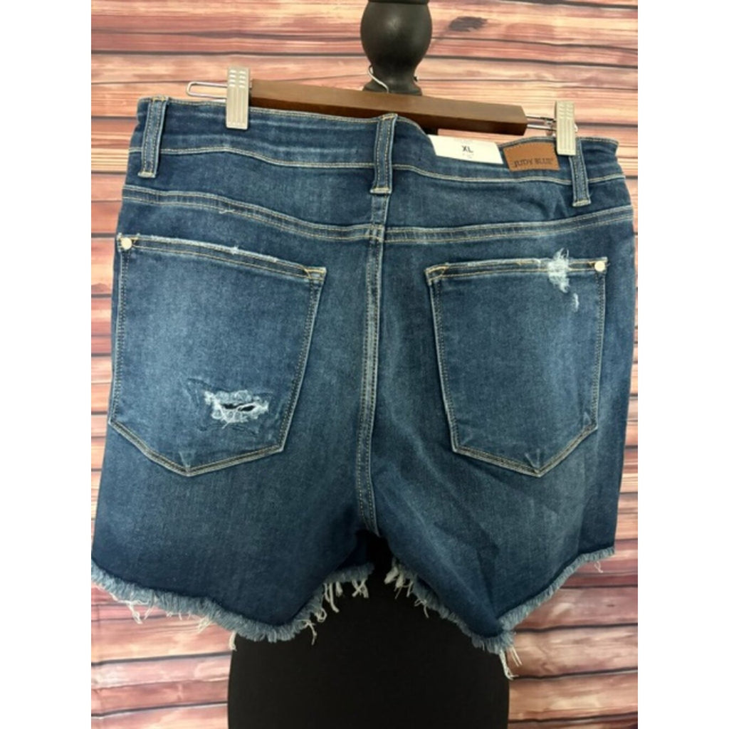 Judy Blue XL High Rise Distressed Raw Hem Shorts Dark Wash Stretch Denim NWT