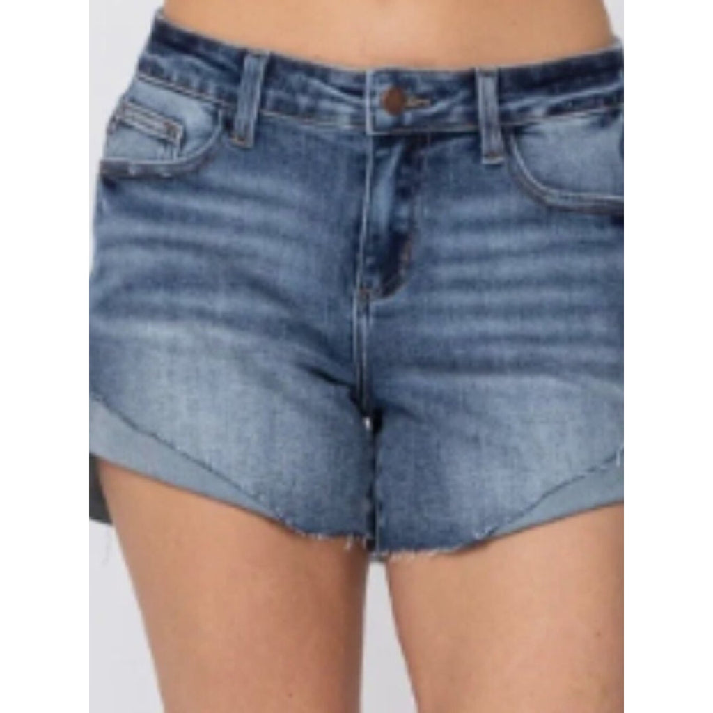 Judy Blue XL Mid Rise Raw Hem Denim Shorts Medium Wash Stretch Denim NWT