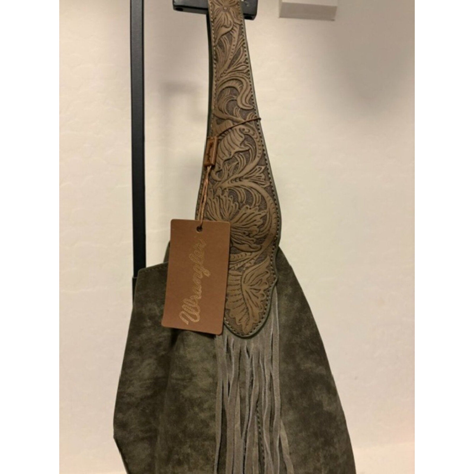 Wrangler Floral Tooled Fringe Hobo Bag Olive Brown Western NWT