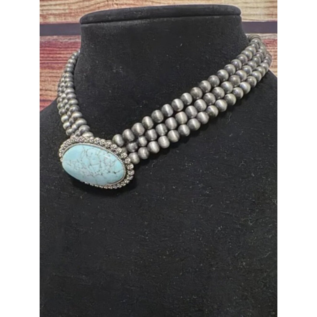Lunar Deer Turquoise Stone Navajo Pearl Style Choker Necklace, NWT
