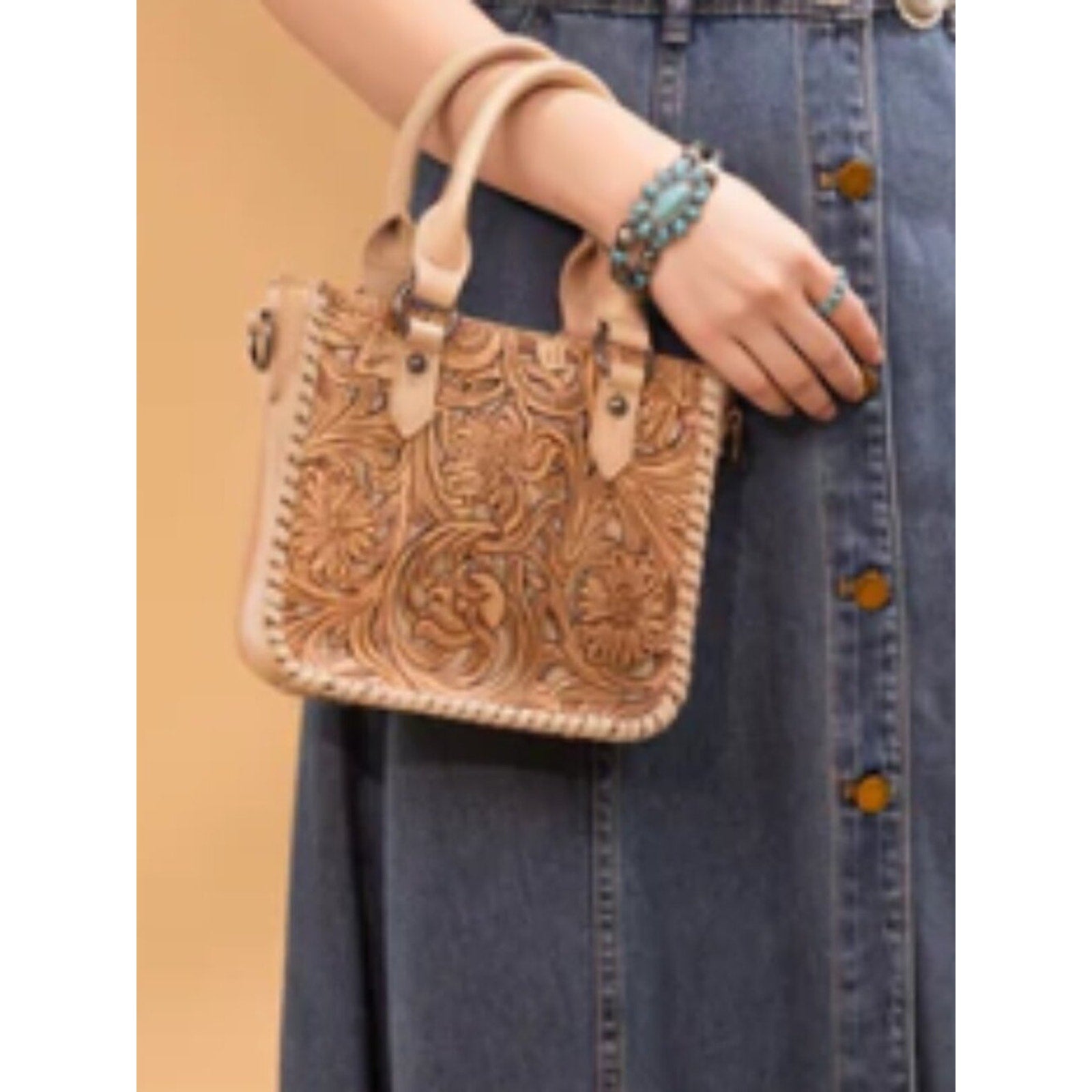 Trinity Ranch Floreal Tooled Mini Tote Crossbody Tan NWT