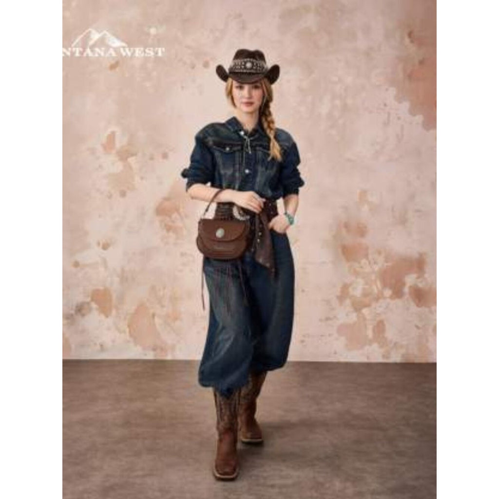 Montana West Western Saddle Crossbody Purse Turquoise Concho Coffee NWT