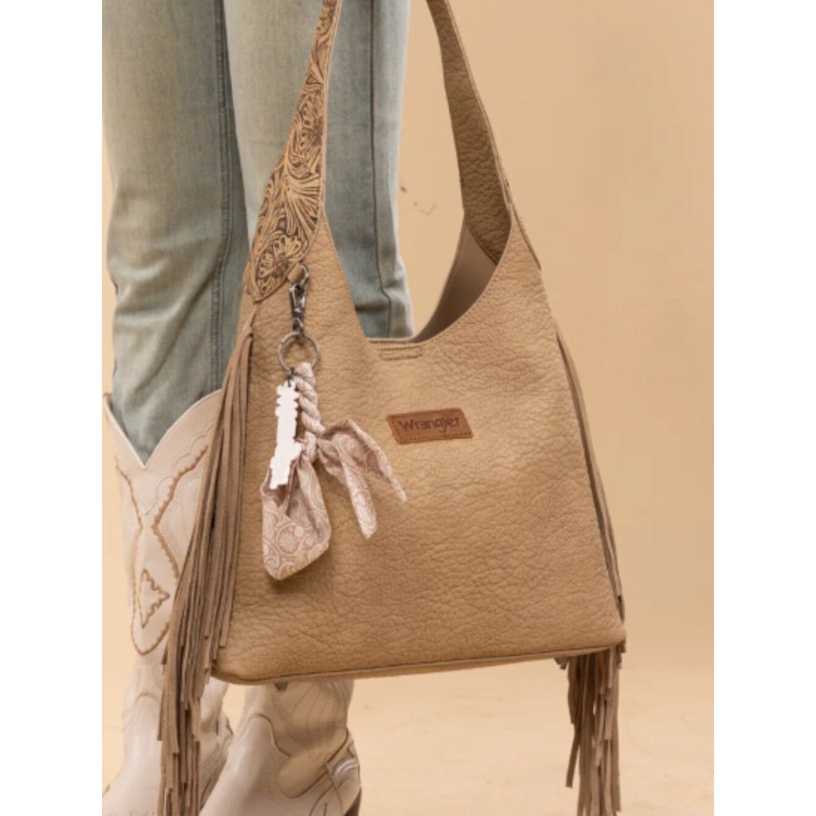 Wrangler Fringe Tooled Western Hobo Purse Khaki NWT