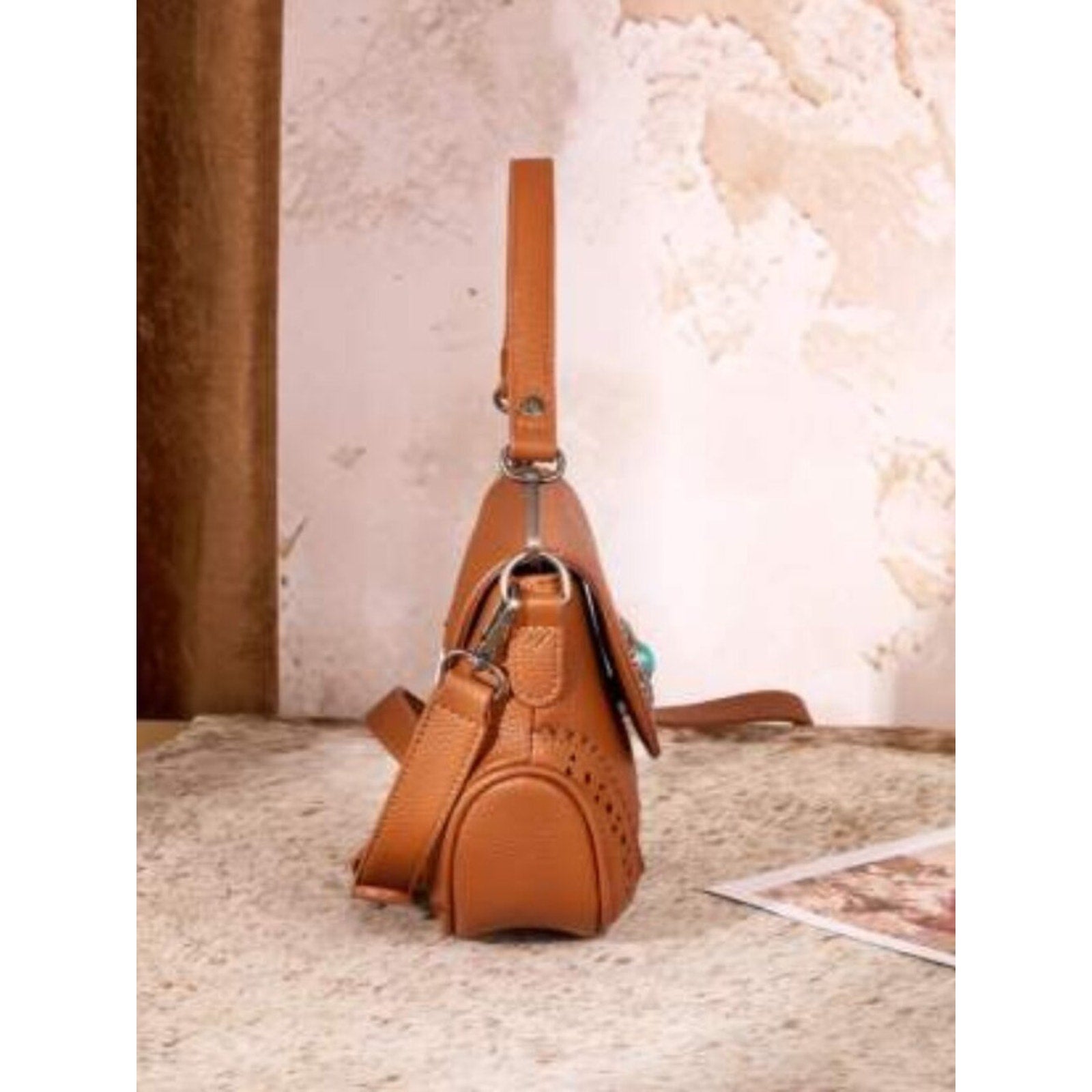 Montana West Western Saddle Crossbody Purse Turquoise Concho Brown NWT
