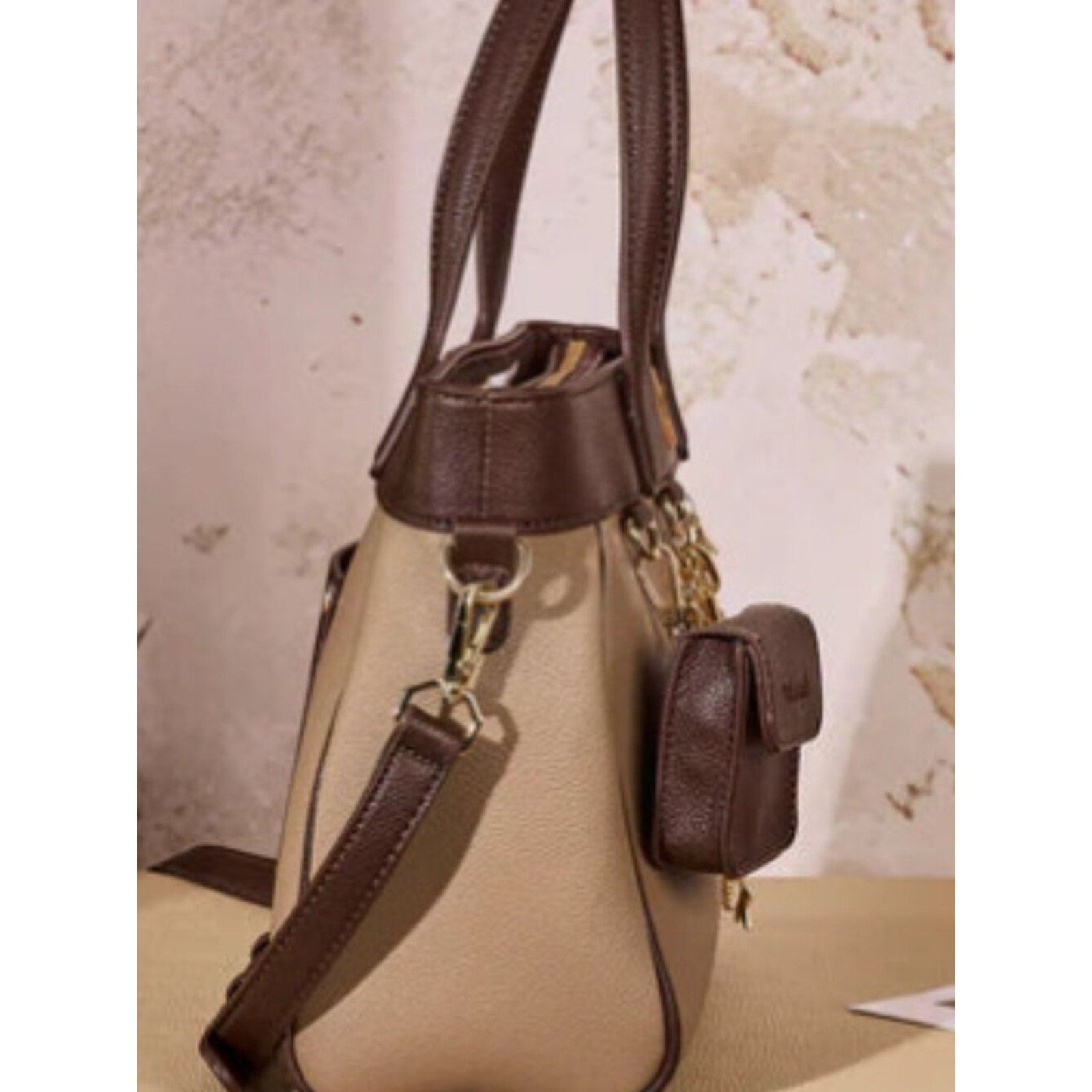 Wrangler Color Block Tote Bag Chain Charm Mini Pouch Coffee, NWT