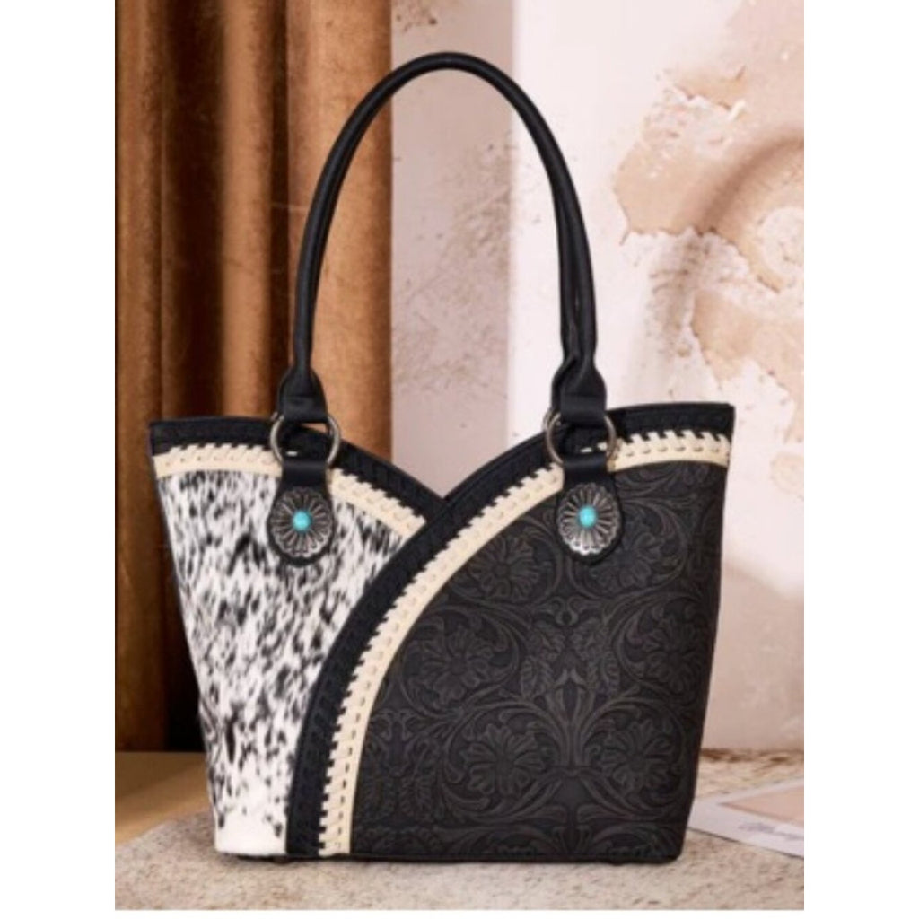 Montana West Cowhide Floral Tooled Whipstitch Tote Bag, NWT