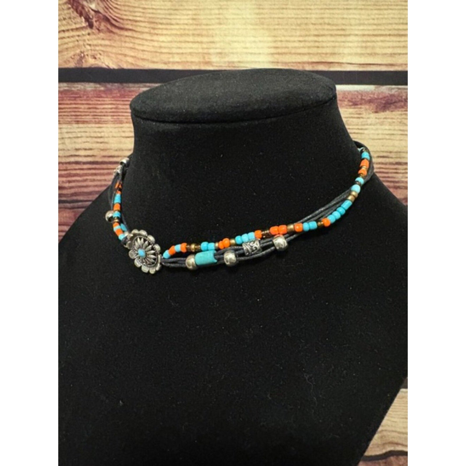 Western Beaded Choker Necklace Turquoise Orange Concho Adjustable NWT