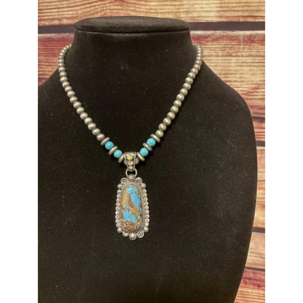 Western Navajo Pearl Style Beaded Necklace Turquoise Rhinestone Pendant NWT