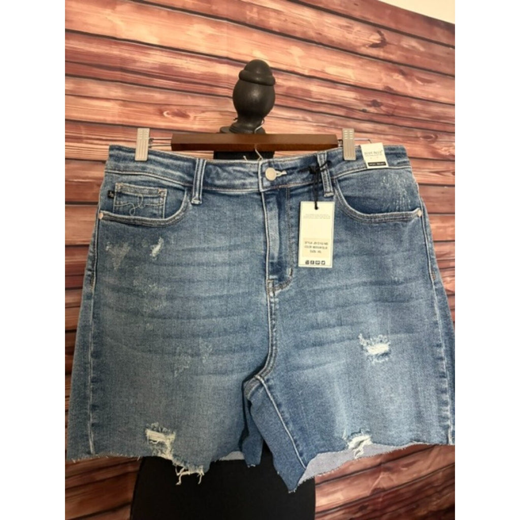 Judy Blue XL High Rise Distressed Raw Hem Shorts Medium Wash Stretch Denim NWT