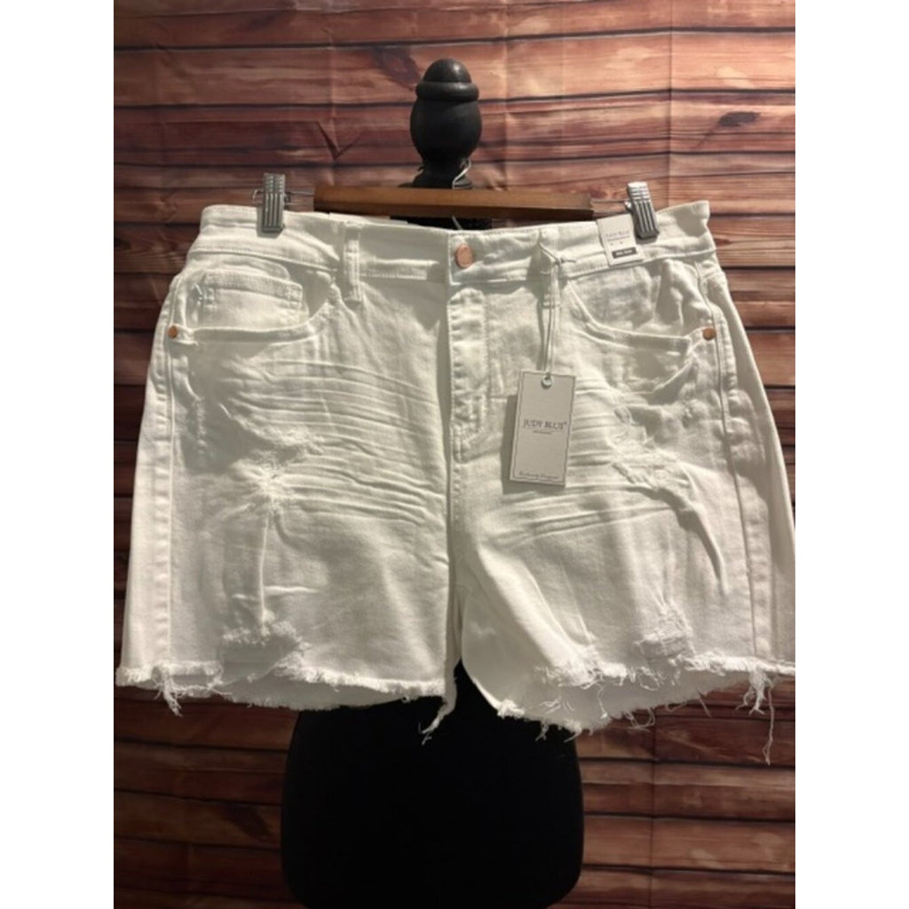 Judy Blue XL White Distressed Shark Bite Frayed Hem Shorts High Rise NWT JB15212