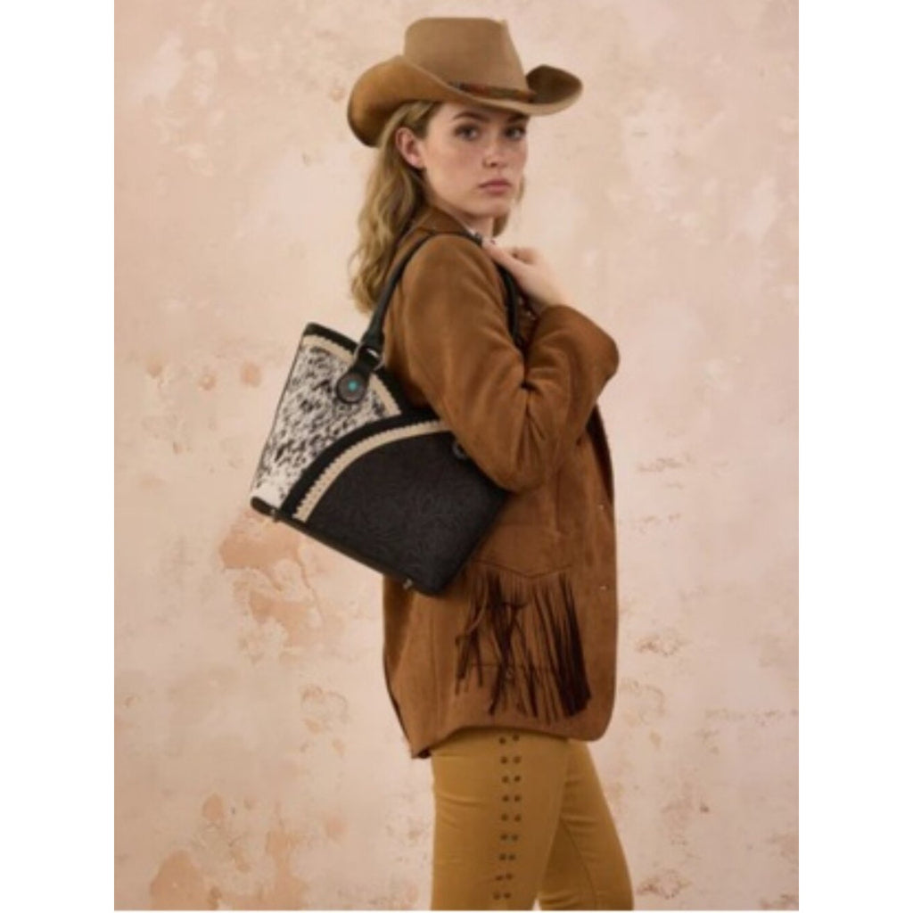 Montana West Cowhide Floral Tooled Whipstitch Tote Bag, NWT