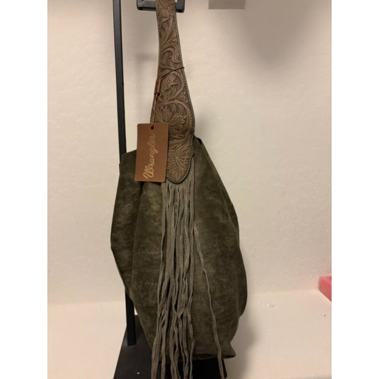 Wrangler Floral Tooled Fringe Hobo Bag Olive Brown Western NWT