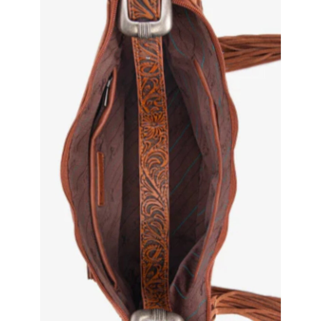 Montana West Floral Tooled Fringe Hobo Concealed Carry Bag, Brown NWT