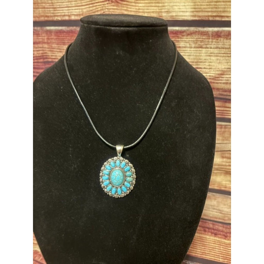 Western Turquoise Sunburst Pendant Adjustable Cord Necklace NWT