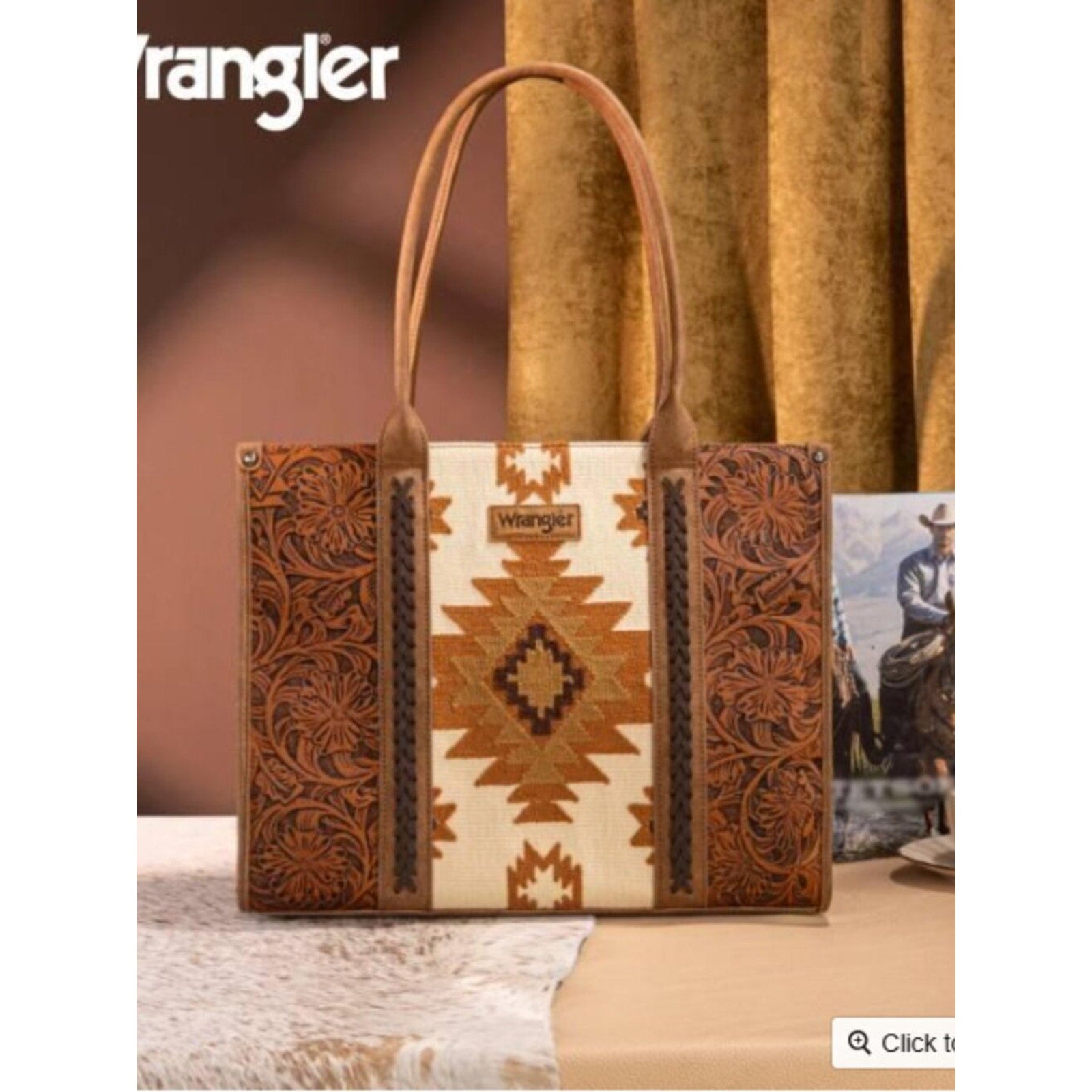 Wrangler Tooled Aztec Tote Crossbody Purse, Brown NWT