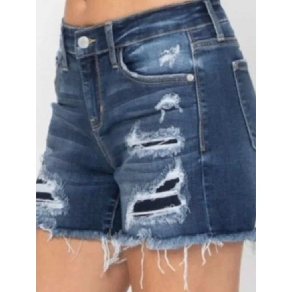 Judy Blue XL High Rise Distressed Raw Hem Shorts Dark Wash Stretch Denim NWT