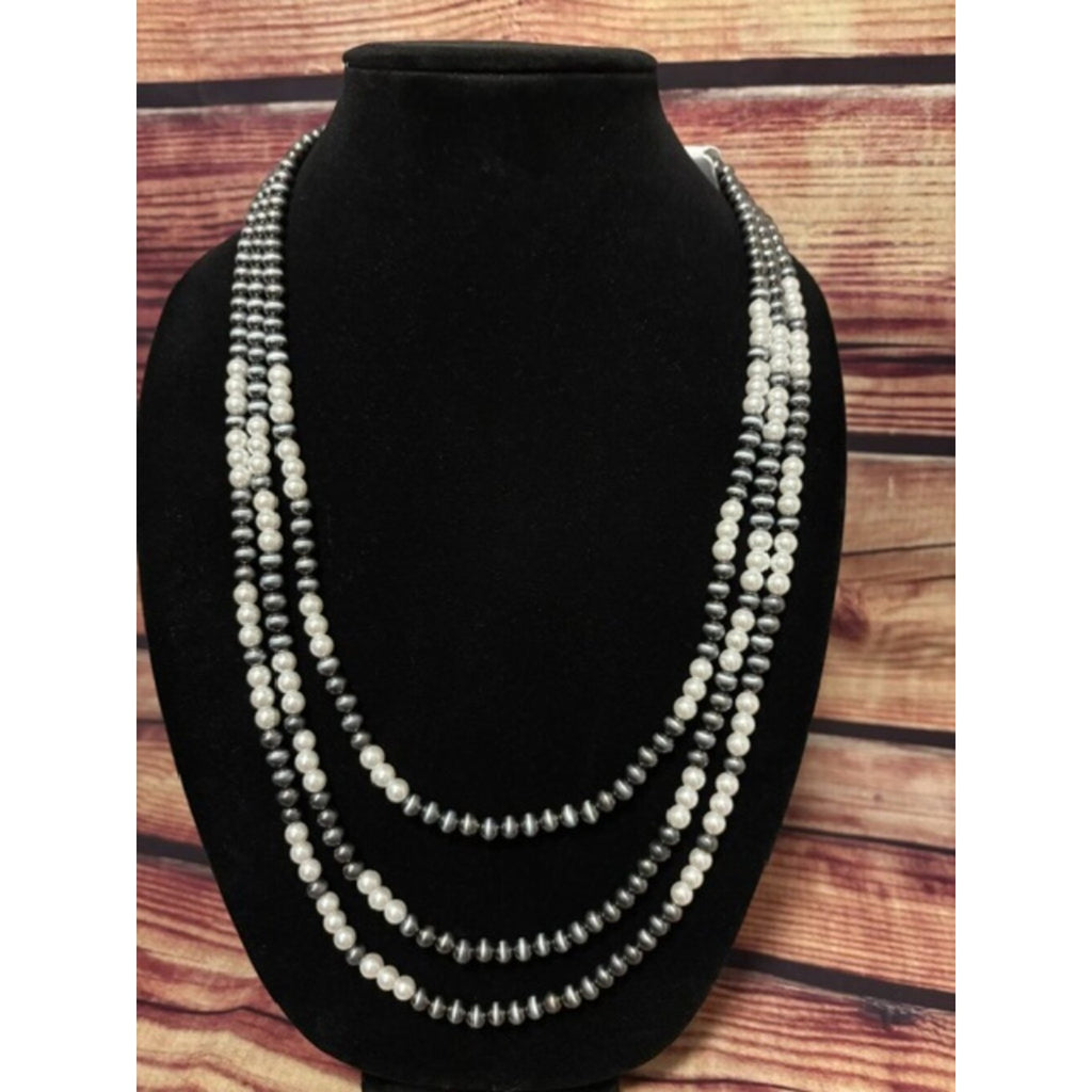 Western Navajo Pearl Layered Silver Bead Necklace Triple Strand Cowgirl NWT