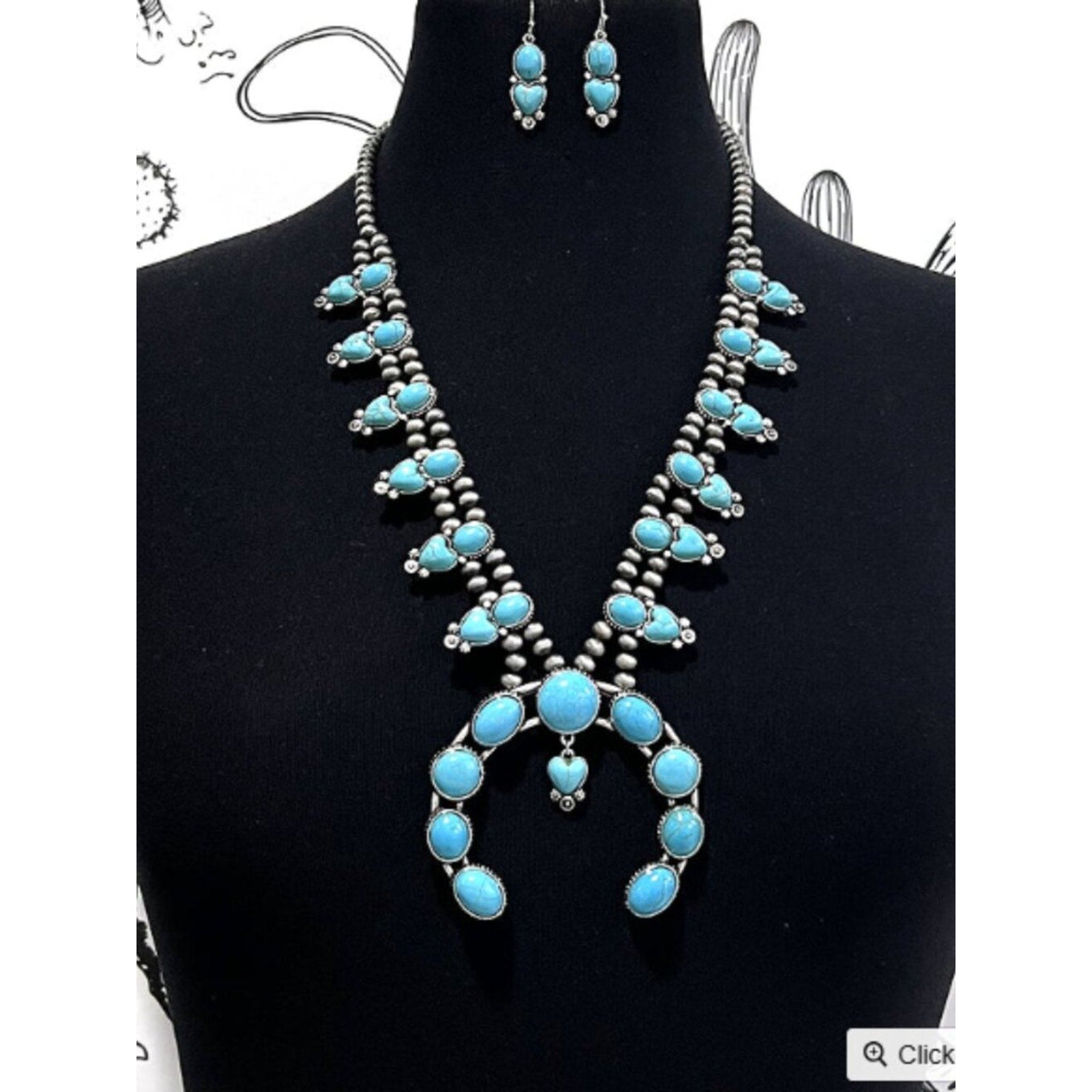 Western Turquoise Squash Blossom Necklace & Earrings Set Cowgirl NWT