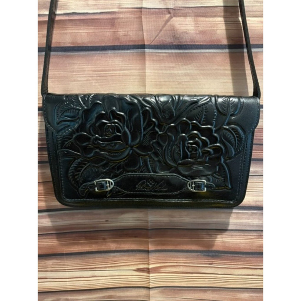 Patricia Nash Kent Burnished Rose Tooled Leather Crossbody Black NWOT