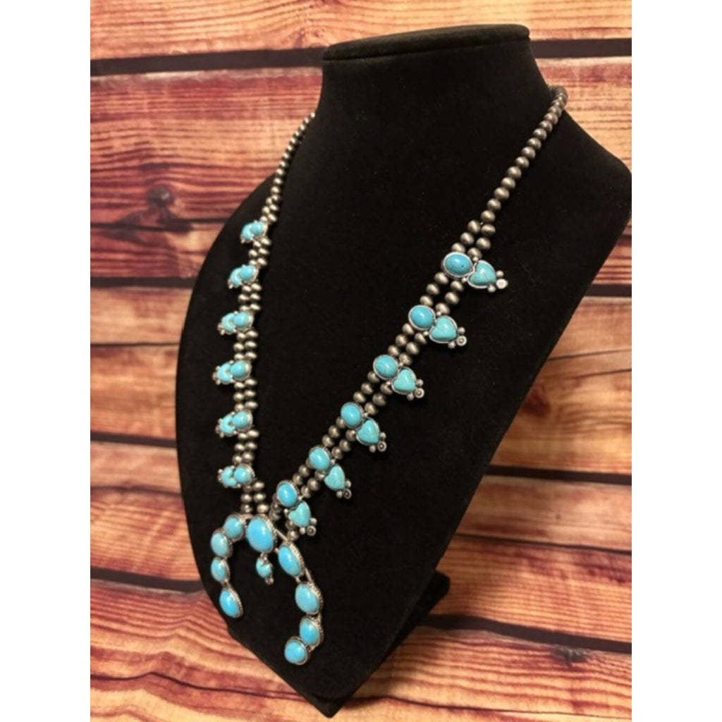 Western Turquoise Squash Blossom Necklace & Earrings Set Cowgirl NWT