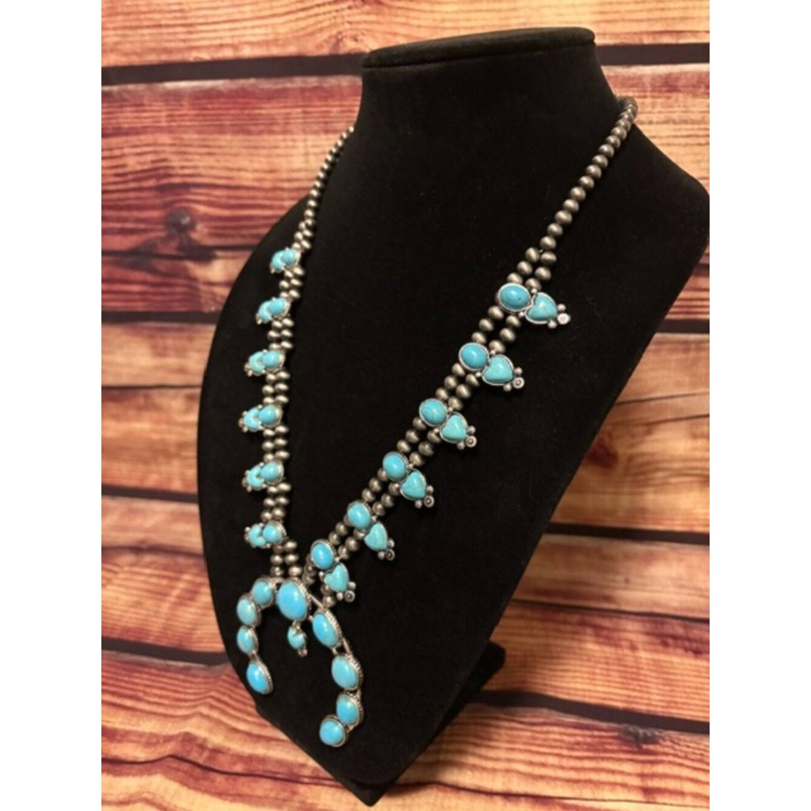 Western Turquoise Squash Blossom Necklace & Earrings Set Cowgirl NWT