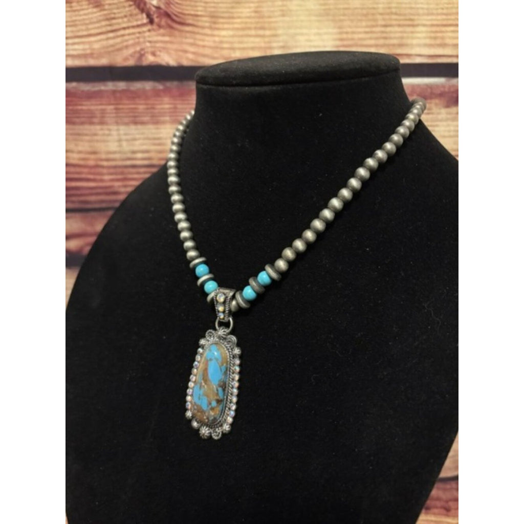 Western Navajo Pearl Style Beaded Necklace Turquoise Rhinestone Pendant NWT