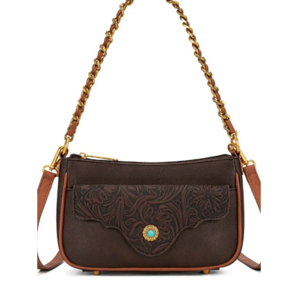 Montana West Tooled Floral Chain Strap Crossbody Shoulder Bag Coffee NWT