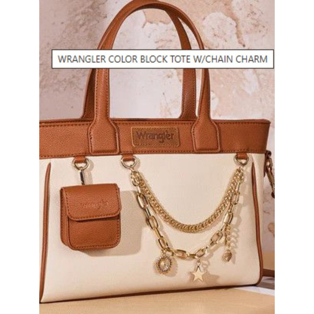 Wrangler Color Block Tote Bag Chain Charm Mini Pouch Brown NWT