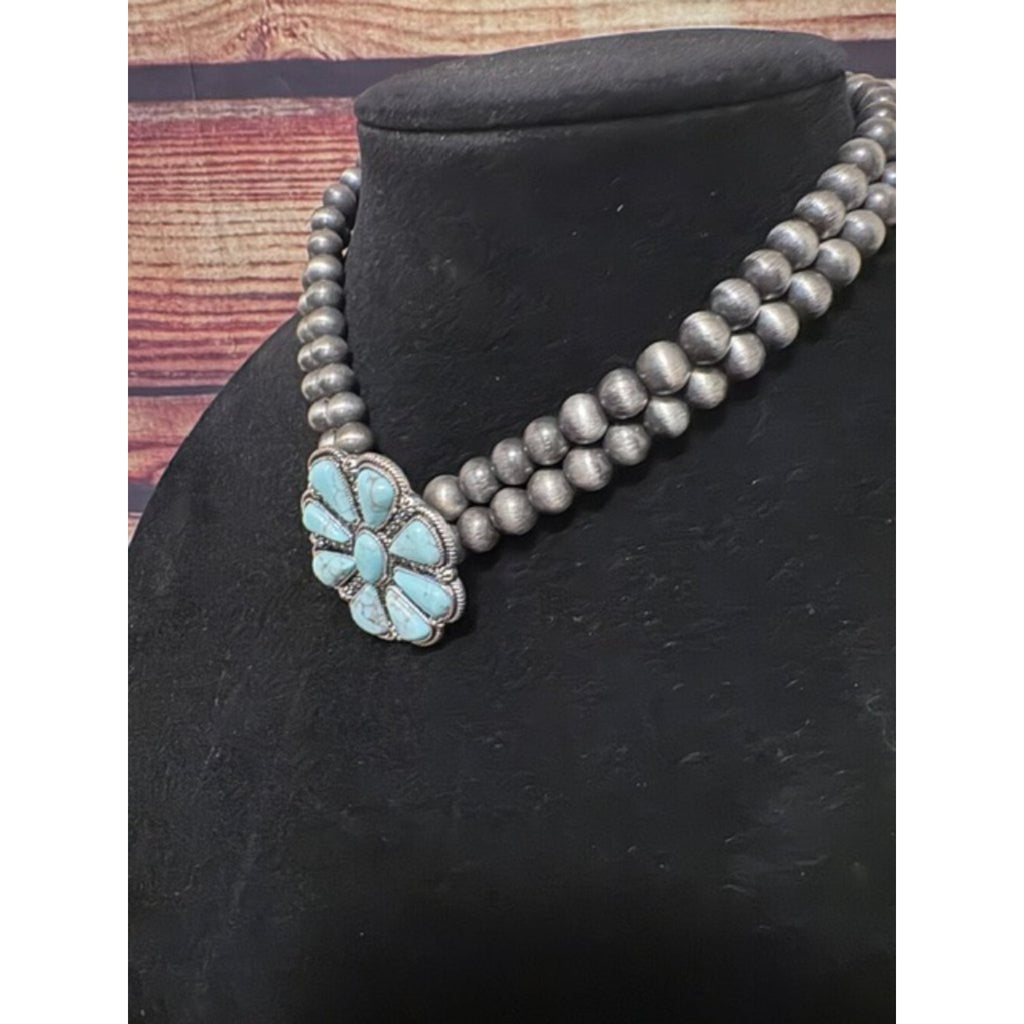 Western Cowgirl Turquoise Flowe Necklace Silver Bead Navajo Pearl Style NWT