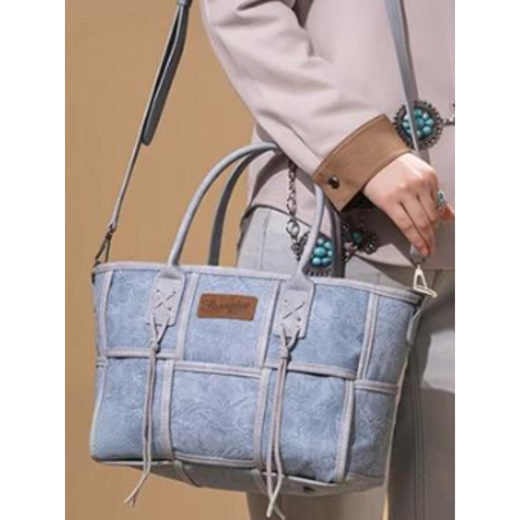 Wrangler Jean Blue Tooled Woven Grid Tote Bag Crossbody NWT