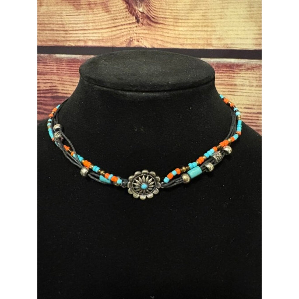 Western Beaded Choker Necklace Turquoise Orange Concho Adjustable NWT