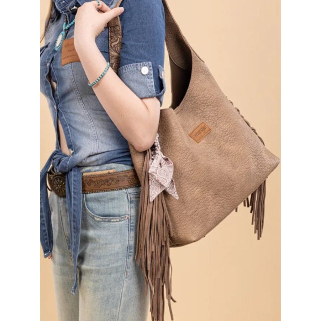 Wrangler Fringe Tooled Western Hobo Purse Khaki NWT