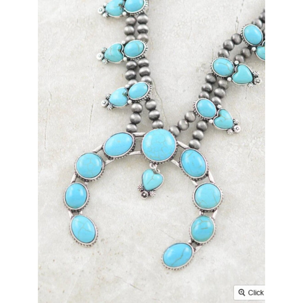 Western Turquoise Squash Blossom Necklace & Earrings Set Cowgirl NWT