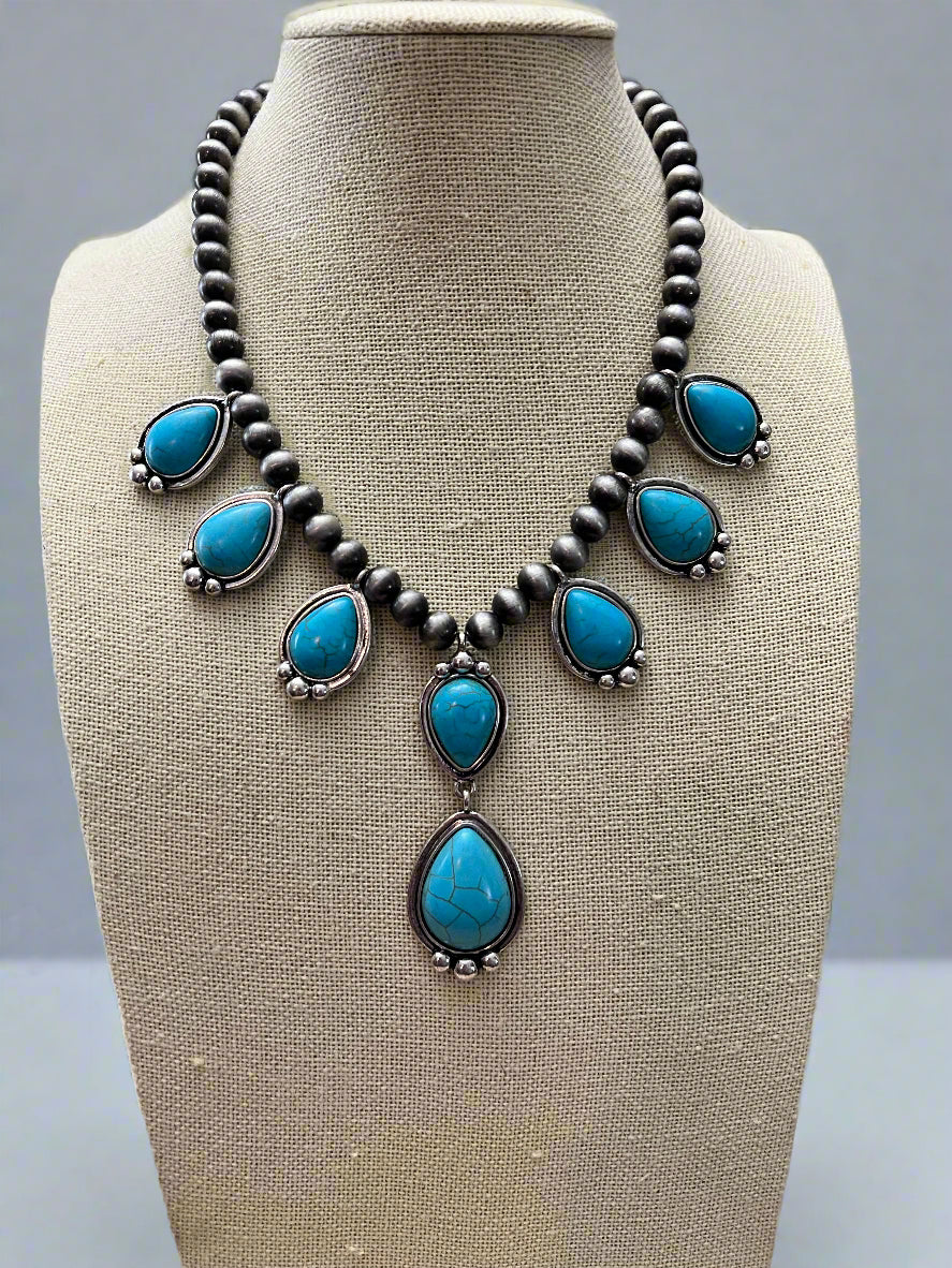 Western Faux Turquoise & Faux Sterling Pearl Necklace 16" + 3" Extender