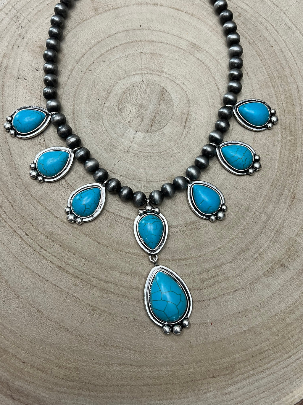 Western Faux Turquoise & Faux Sterling Pearl Necklace 16" + 3" Extender