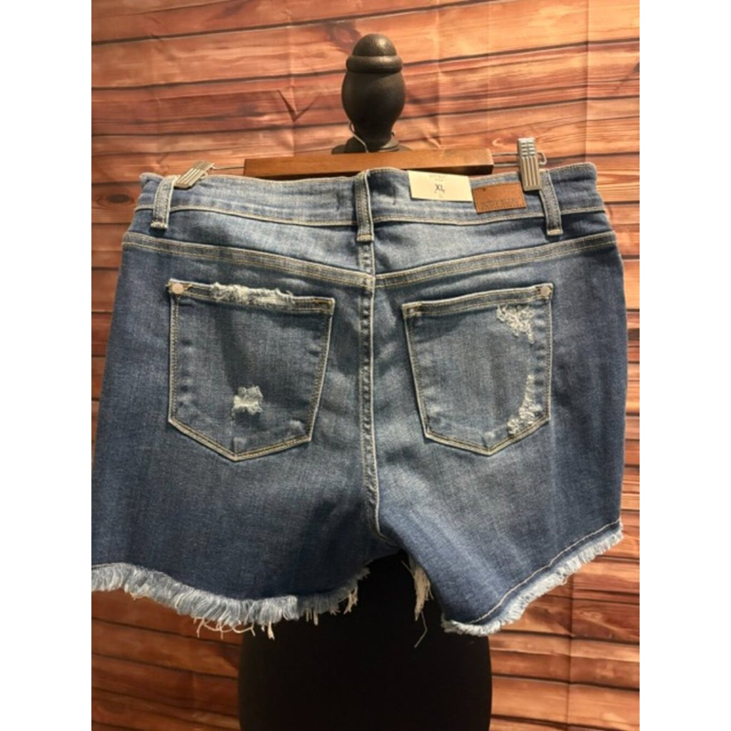 Judy Blue XL High Rise Distressed Cutoff Shorts Tulip Hem Dark Wash NWT