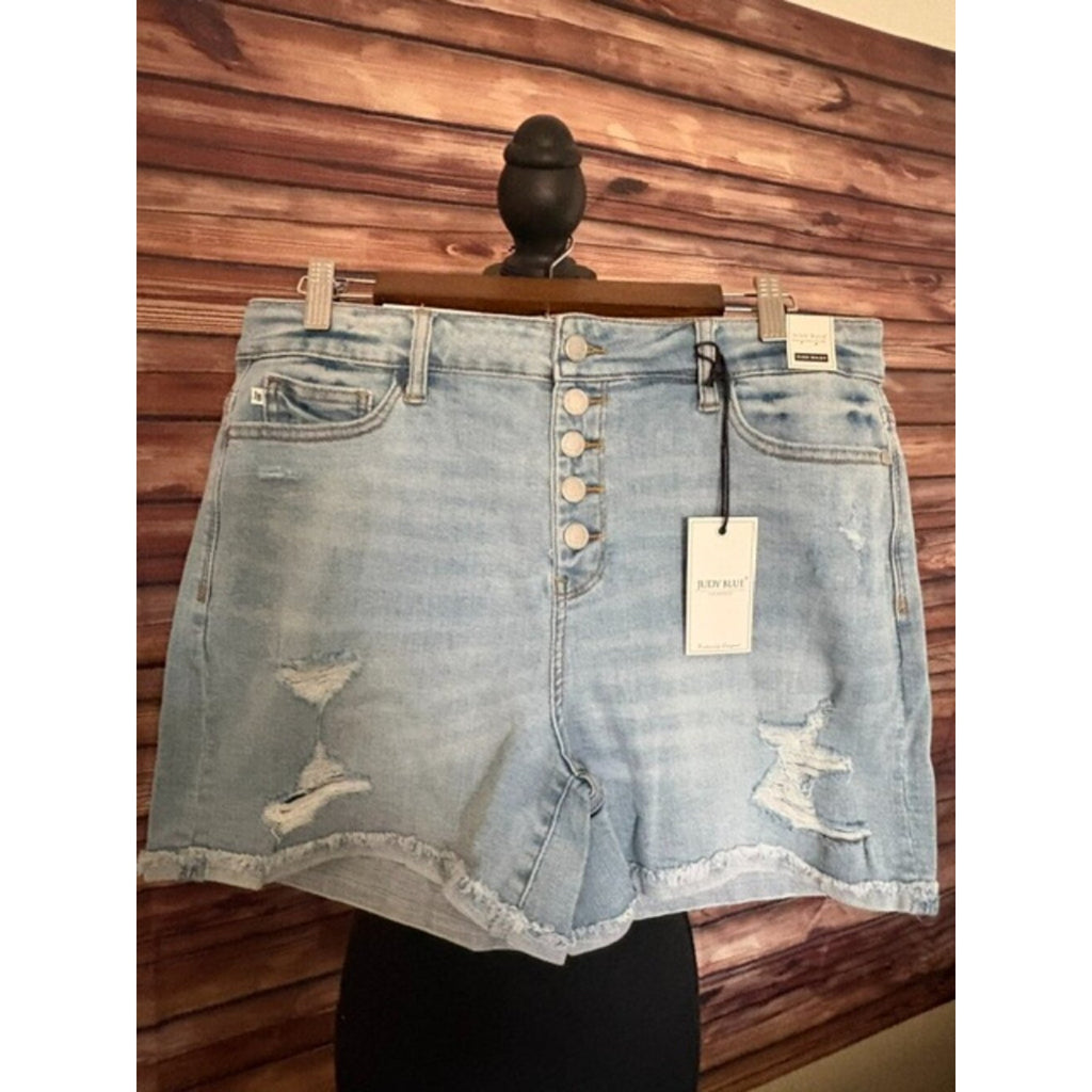 Judy Blue XL Button Fly High Rise Distressed Shorts Light Wash Stretch Denim NWT