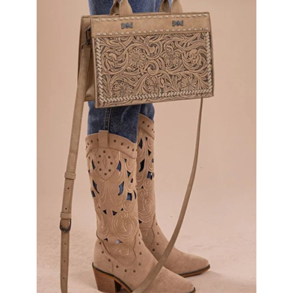 Montana West Floral Tooled Crossbody Tote Bag, Tan NWT